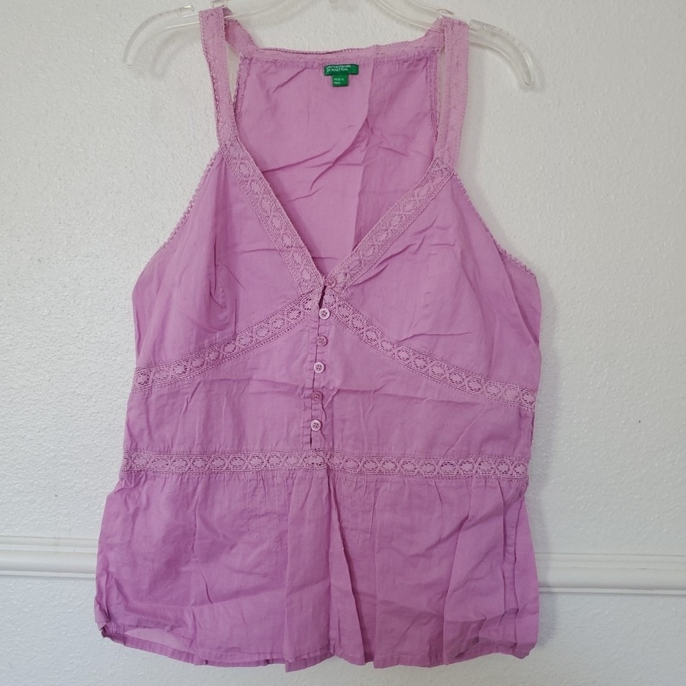 United Colors of Benetton Purple Crochet Lace Trim Button Front Tank Top Size M - Picture 1 of 16